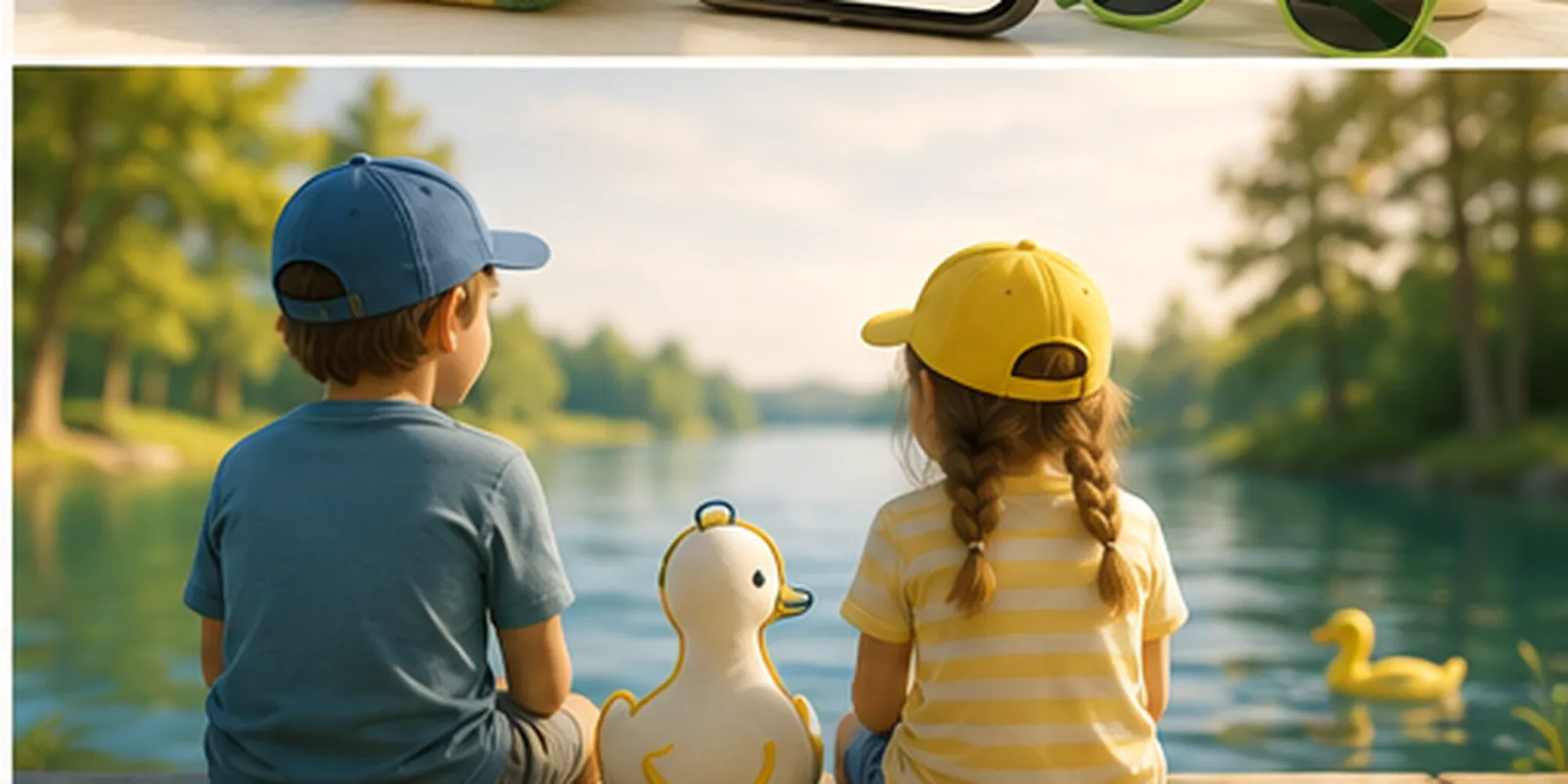 Two kids and Pip the duckling mascot on a sunny lakeside dock, camp bags packed